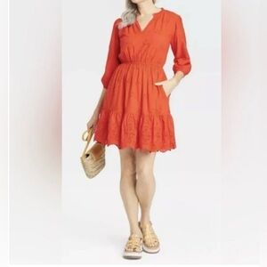 Knox Rose Women’s Eyelet A Line Mini Dress Orange Size Large